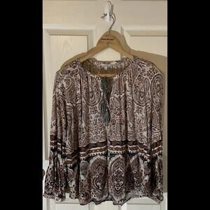 Women’s Lucky Brand Paisley Printed Top with Tassels Size 2X